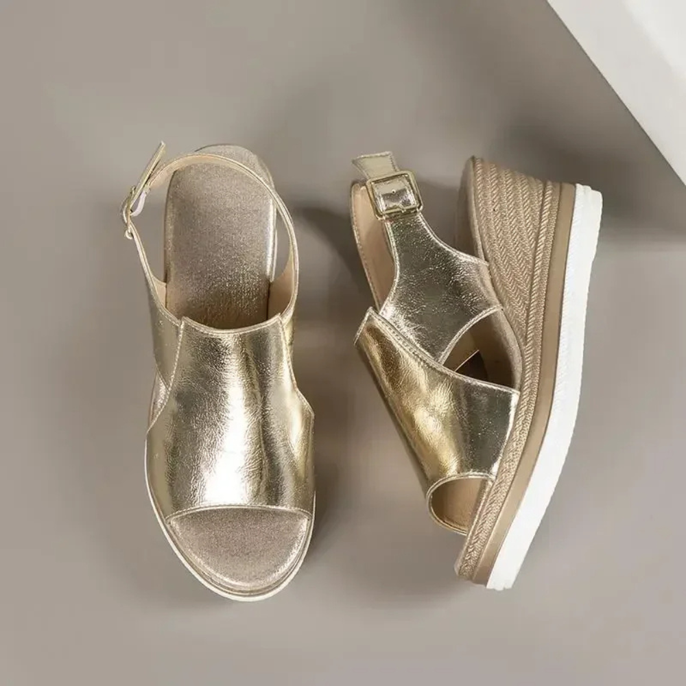 Messina Peep-Toe Buckle Wedge  Sandals
