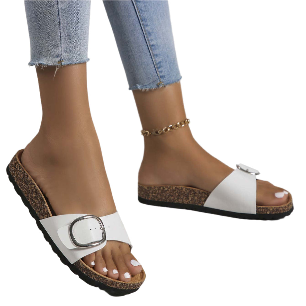 White Falt Open Toe Metal Buckle Slippers