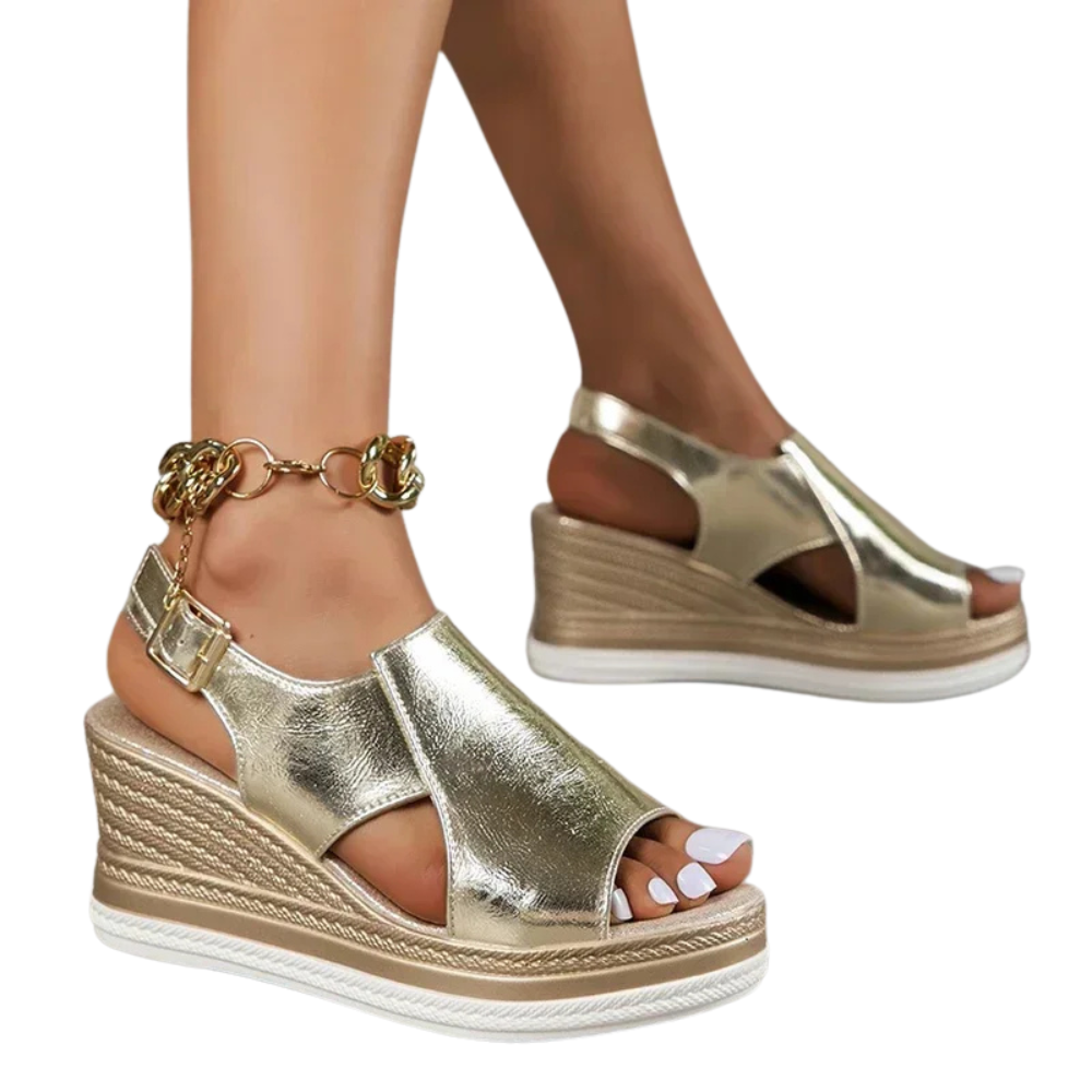 Messina Peep-Toe Buckle Wedge  Sandals
