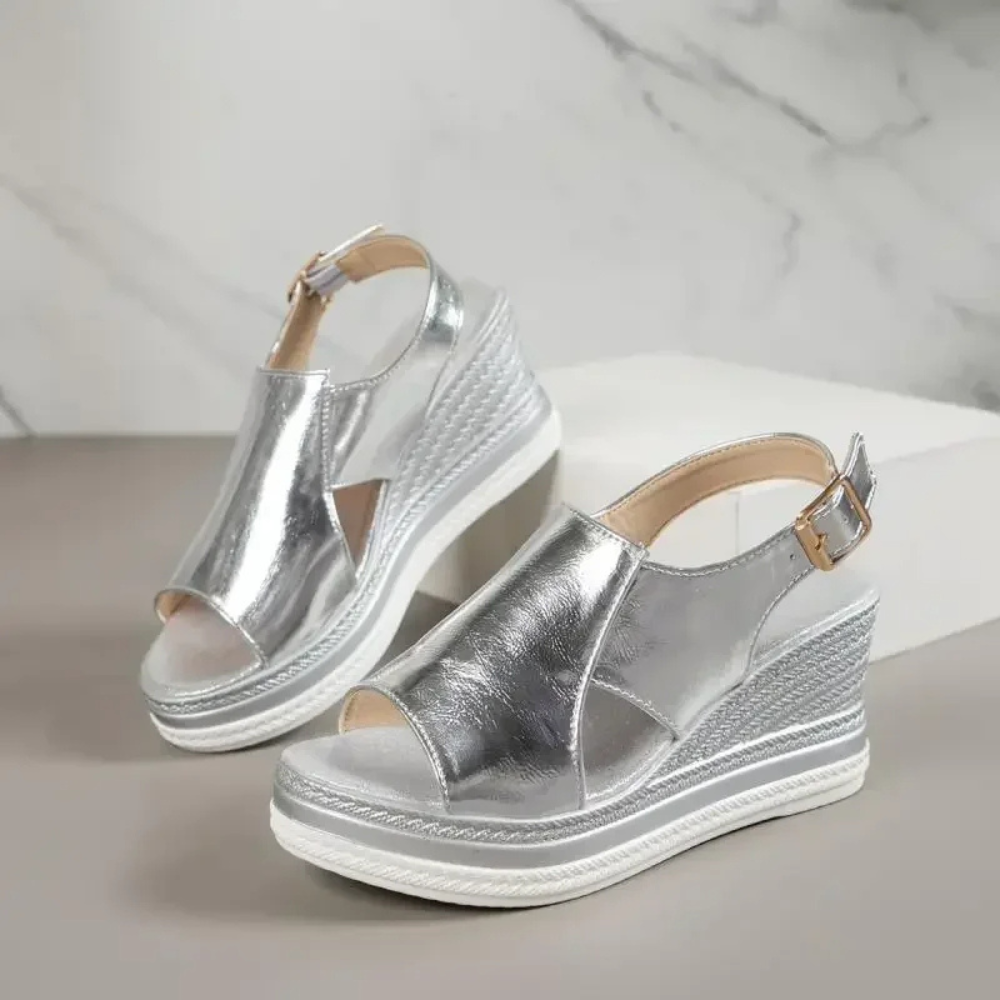 Messina Peep-Toe Buckle Wedge  Sandals