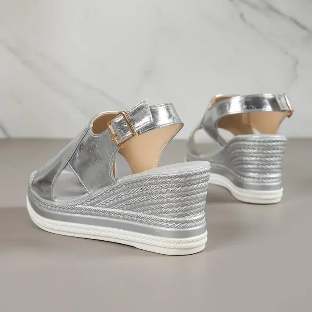 Messina Peep-Toe Buckle Wedge  Sandals
