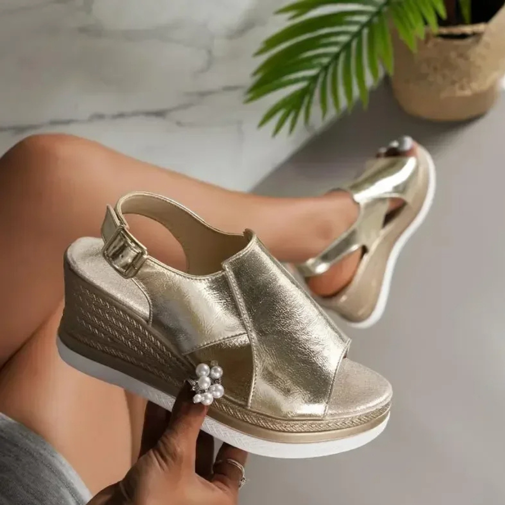Messina Peep-Toe Buckle Wedge  Sandals